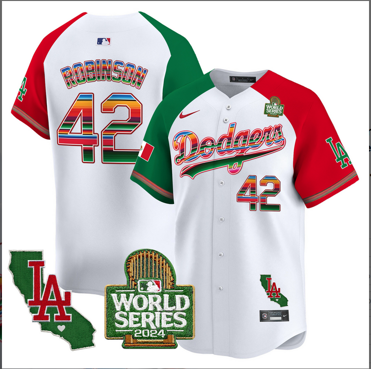 Men MLB Mexico Los Angeles Dodgers #42 Robinson white 2024 World Series Champions Patch Jersey 20241105 style 2